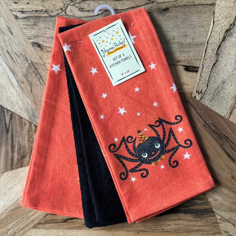 Johanna Parker Halloween Kitchen Towels Set Of 3 Spider Orange Black New NWT